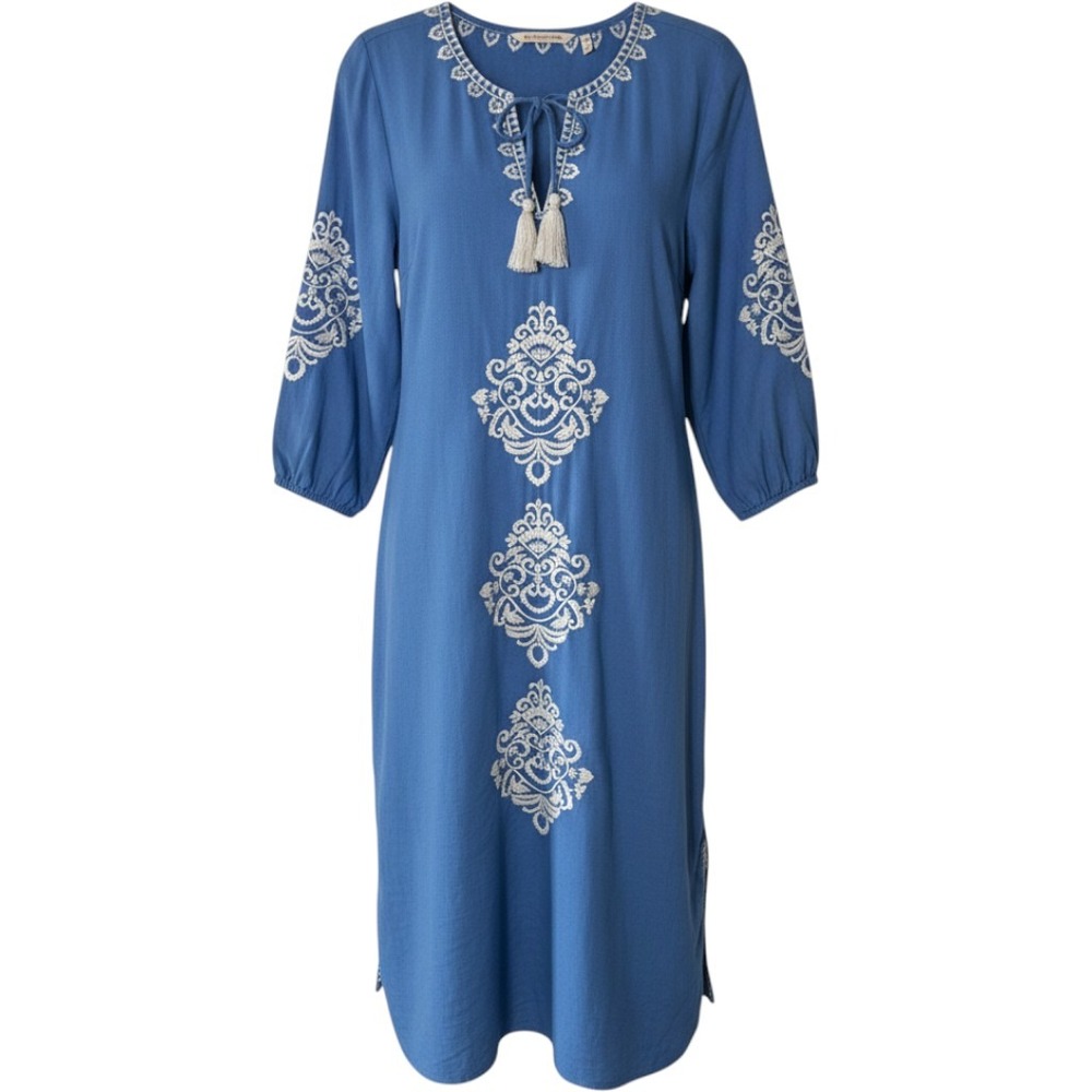 Soft Surroundings Linen Blend Embroidered Shift Dress Women's Petite Medium